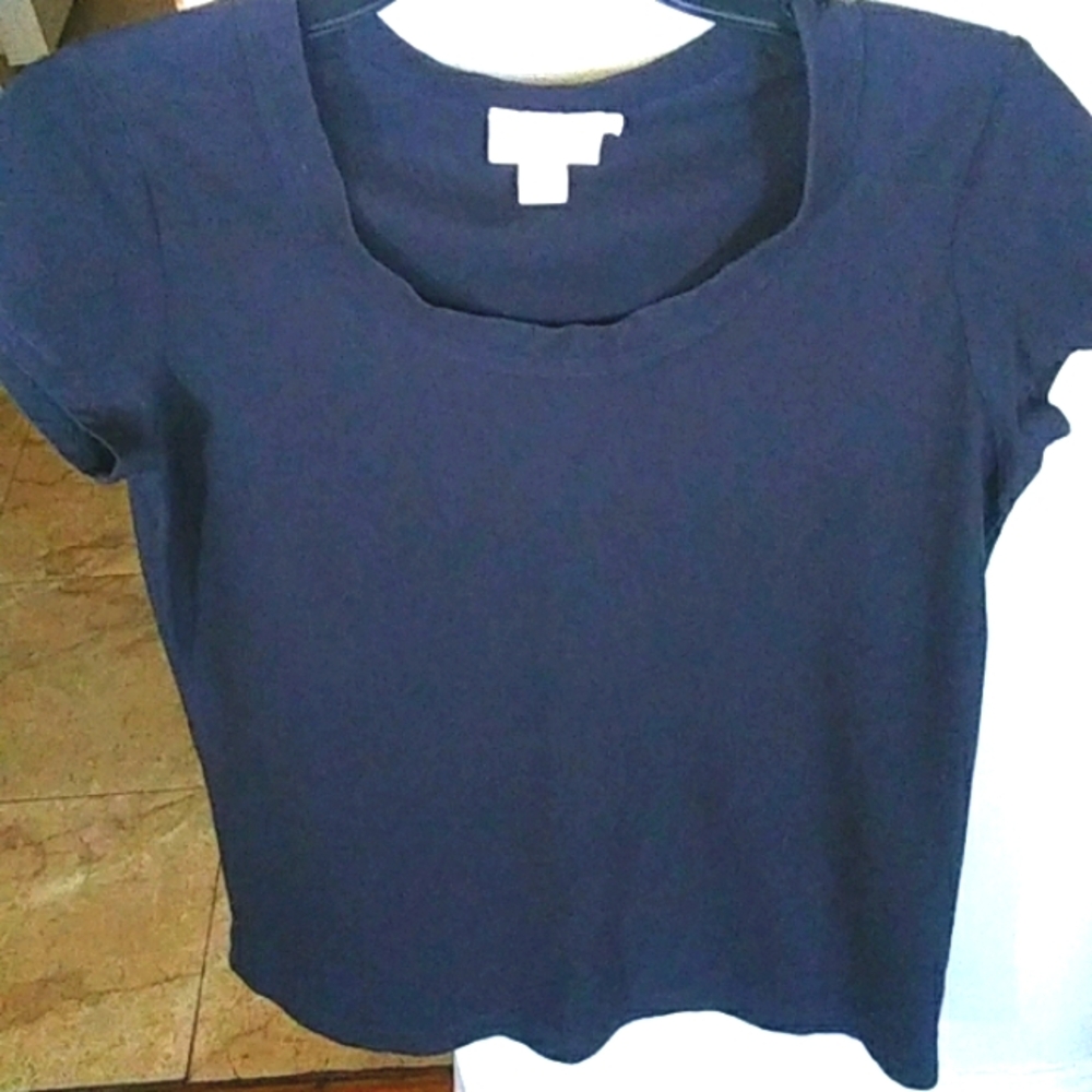 PURE DKNY WOMEN'S NAVY BLUE SCOOP NECK T-SHIRT,CAP SLEEVES,100% COTTON,S…